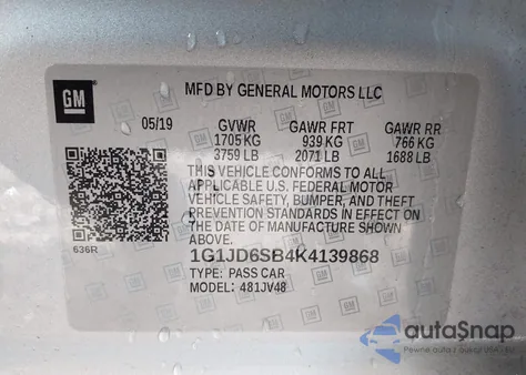 2019 Chevrolet Sonic Lt Auto from USA, damaged, VIN 1G1JD6SB4K4139868